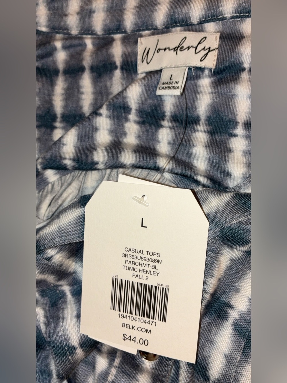 NWT Wonderly Blue Tie Dye Tunic Henley Top Large - Picture 5 of 7